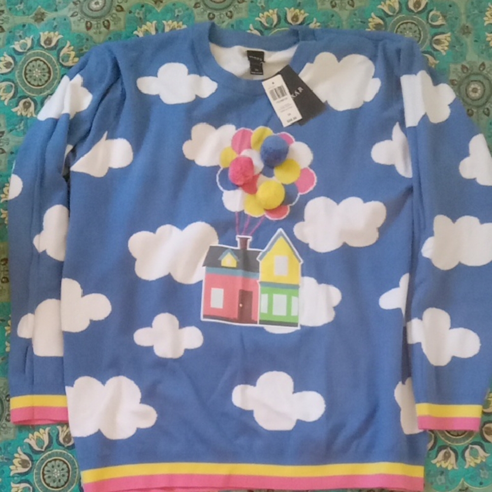 Blue Cloud-Print Crewneck Sweater with Balloon House Detail